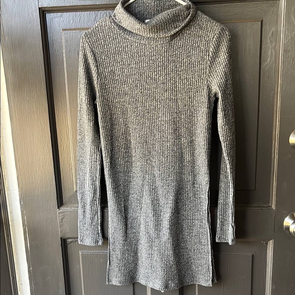 Gray Ribbed Turtleneck Sweater Dress
